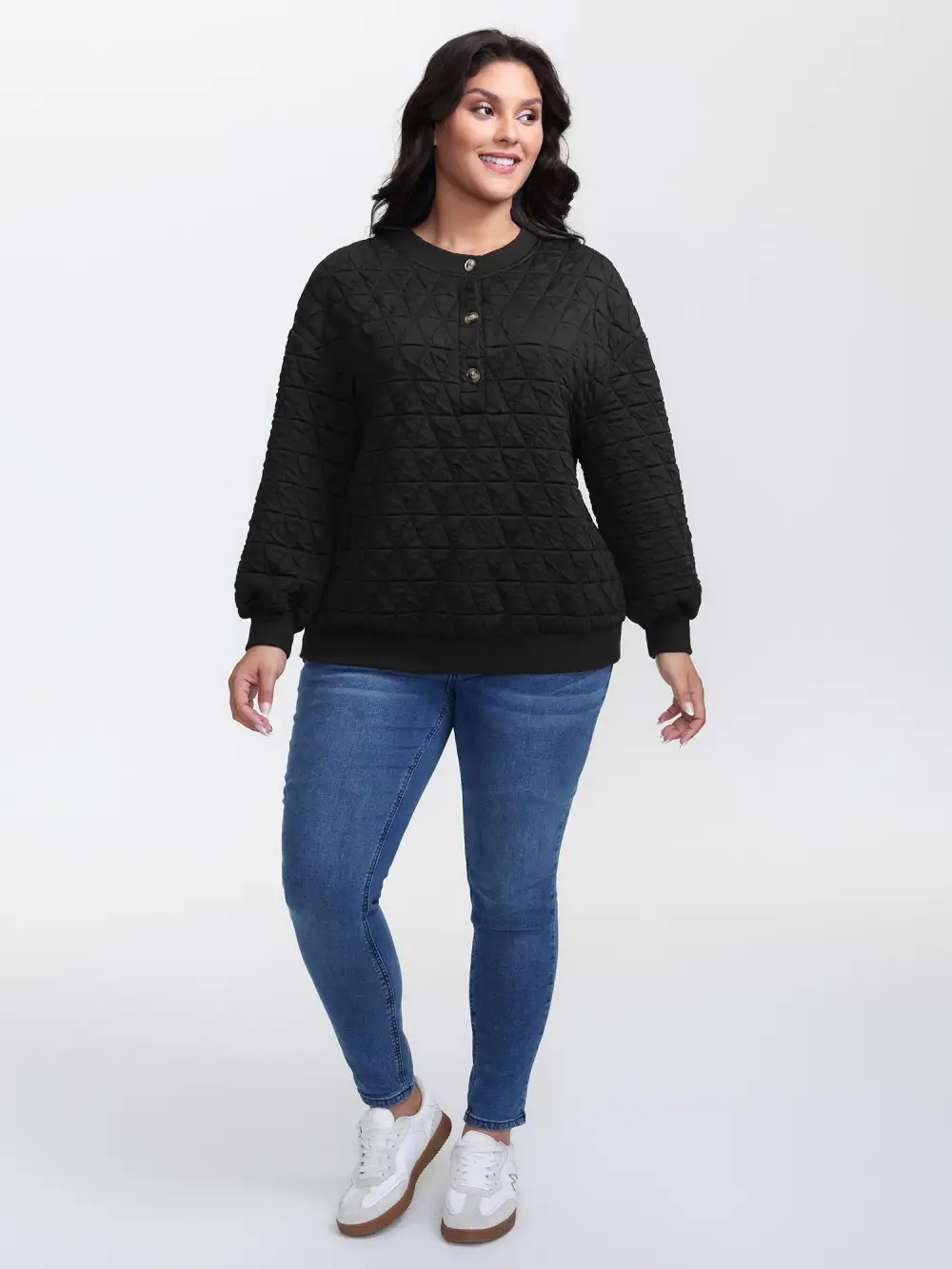 Quilted Cotton Placket Button Sweatshirt