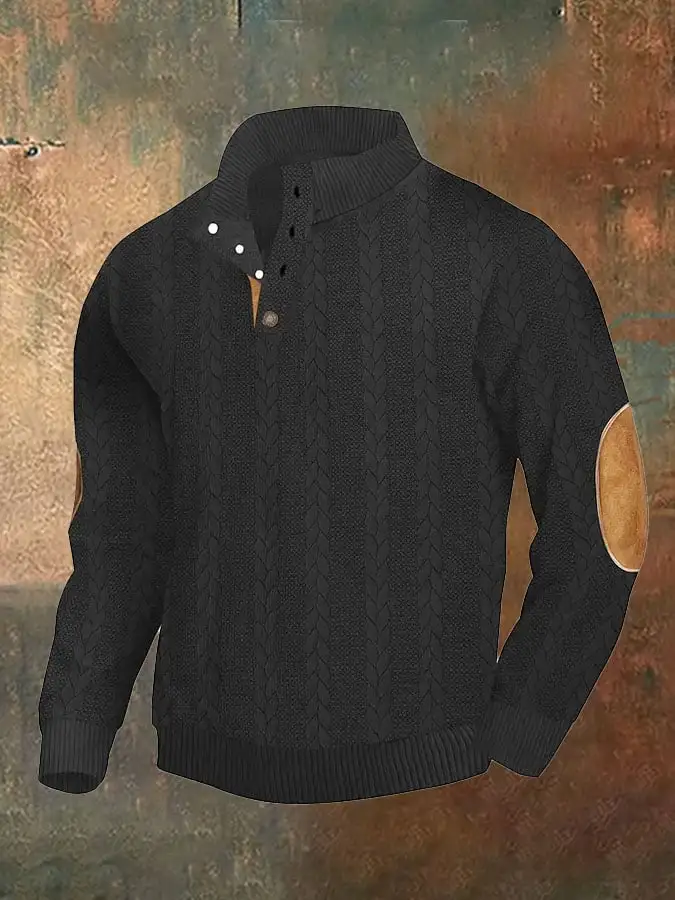 Men's Casual Retro Jacquard Fabric Button Stand Collar Long Sleeve Sweatshirt