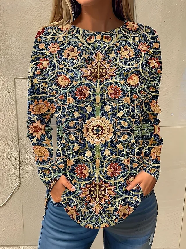 Women's T shirt Tee Floral Print Holiday Weekend Basic Long Sleeve Round Neck White Fall & Winter