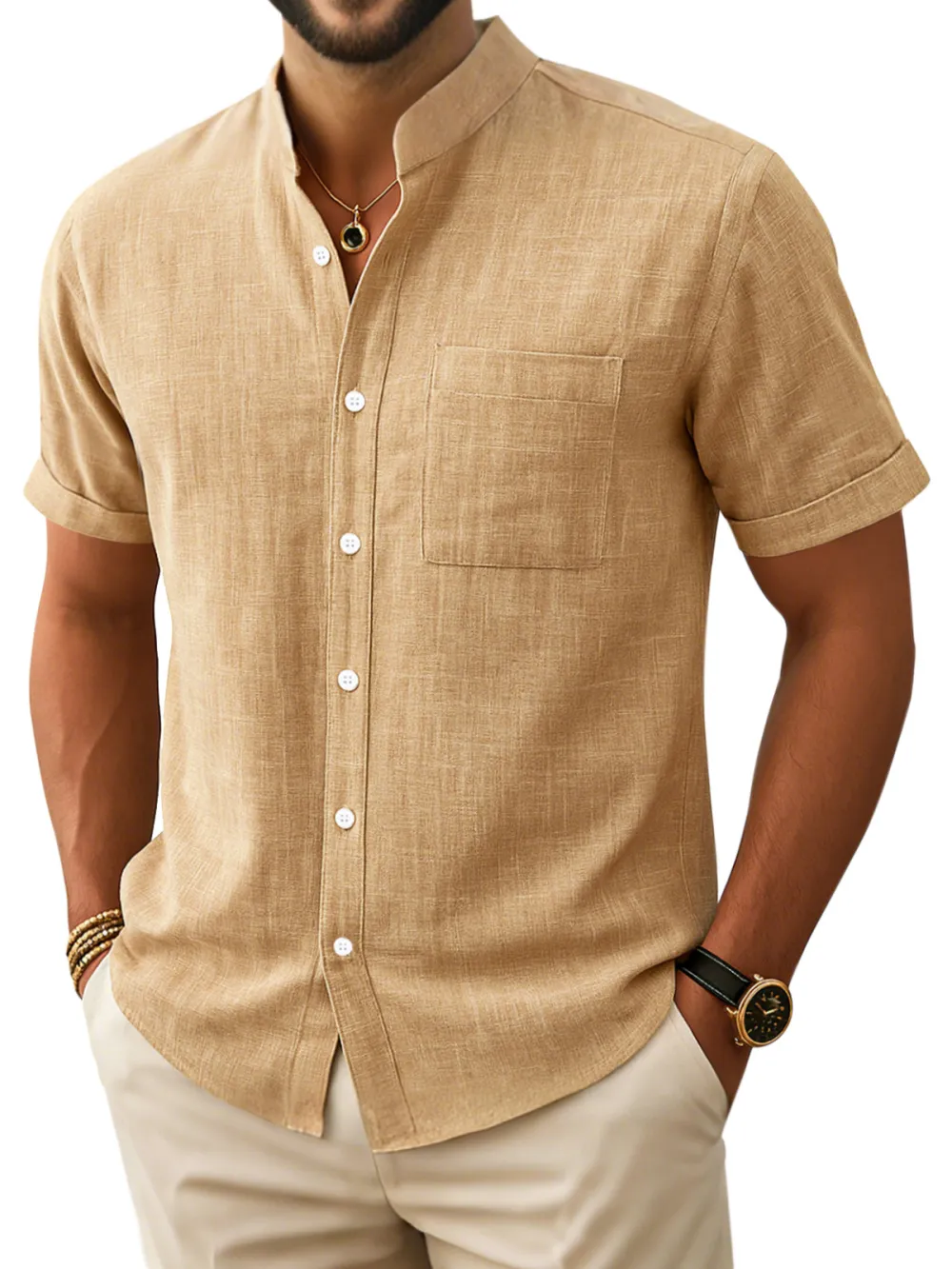 Men's Retro Simple Comfortable Stand Collar Button-down Short Sleeve Shirt