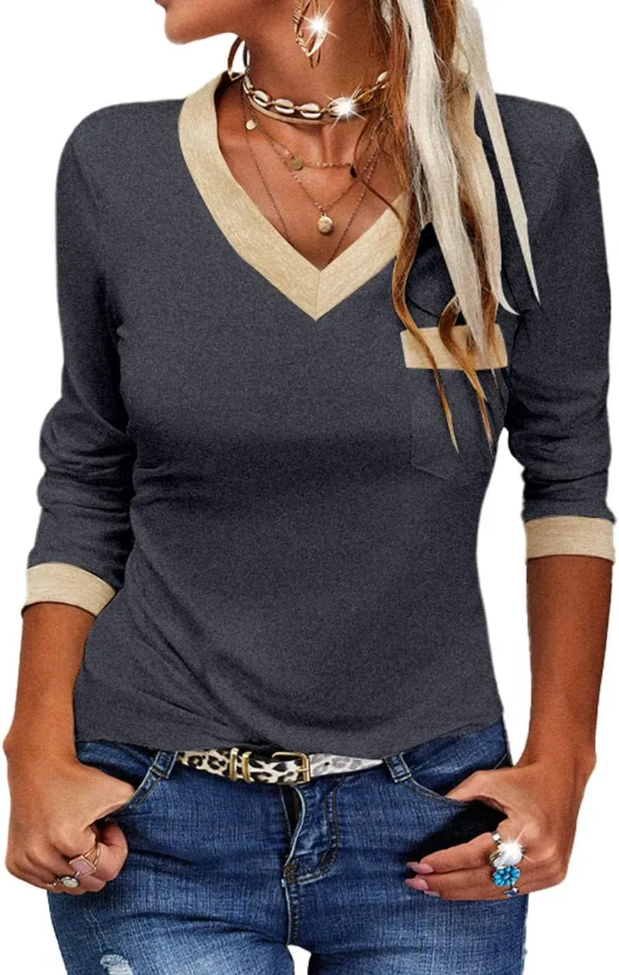✨Womens Long Sleeve T Shirts Casual V Neck Color Block Tunic Tops
