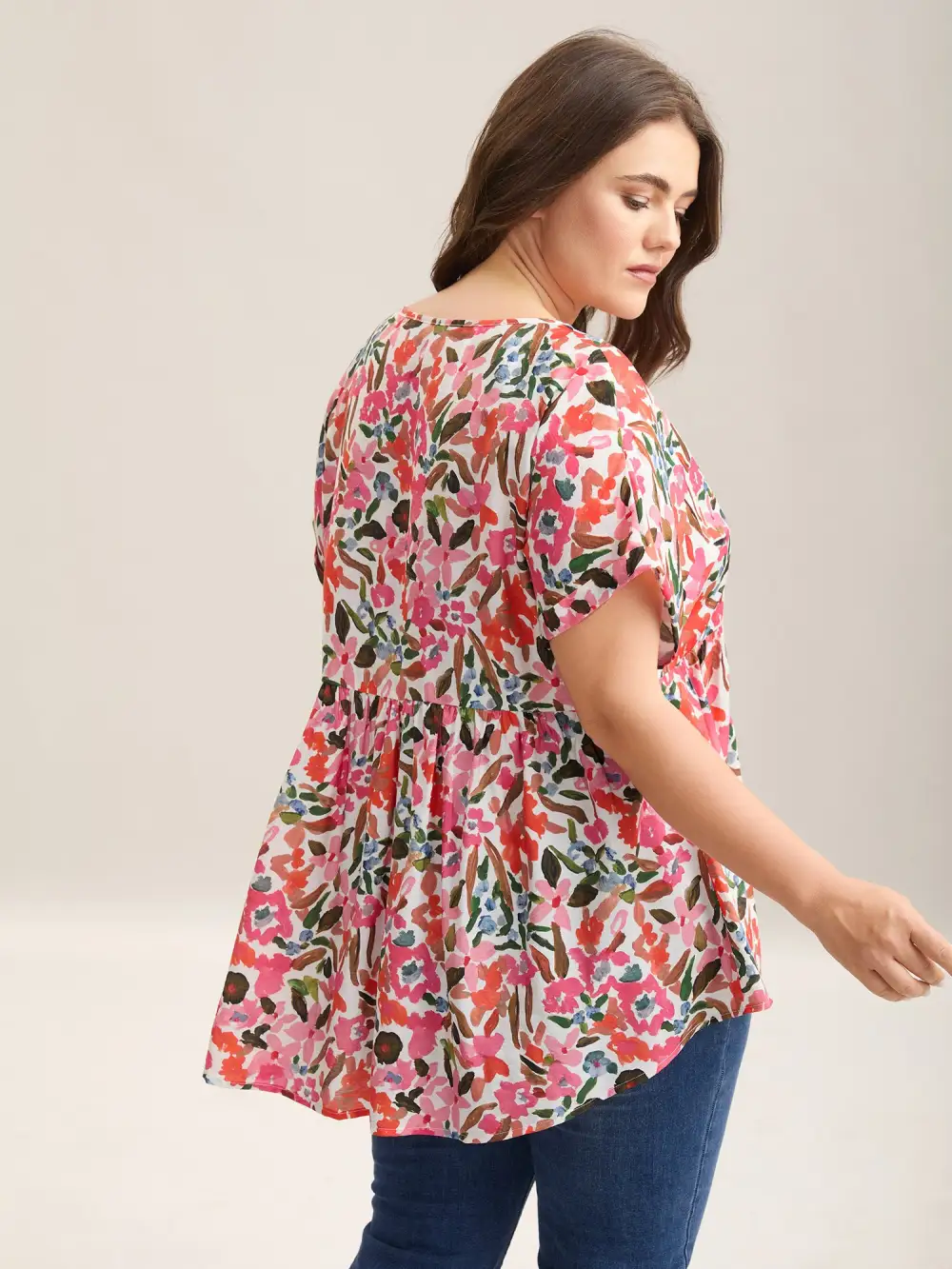 Fruit Print Curved Hem Batwing Sleeve Blouse
