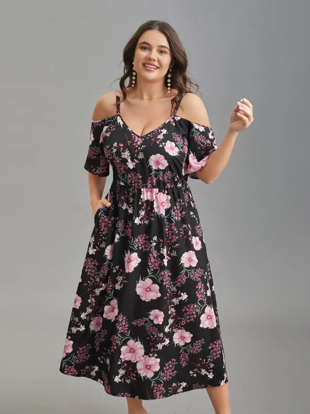 Floral Print Cold-Shoulder Pockets Midi Dress