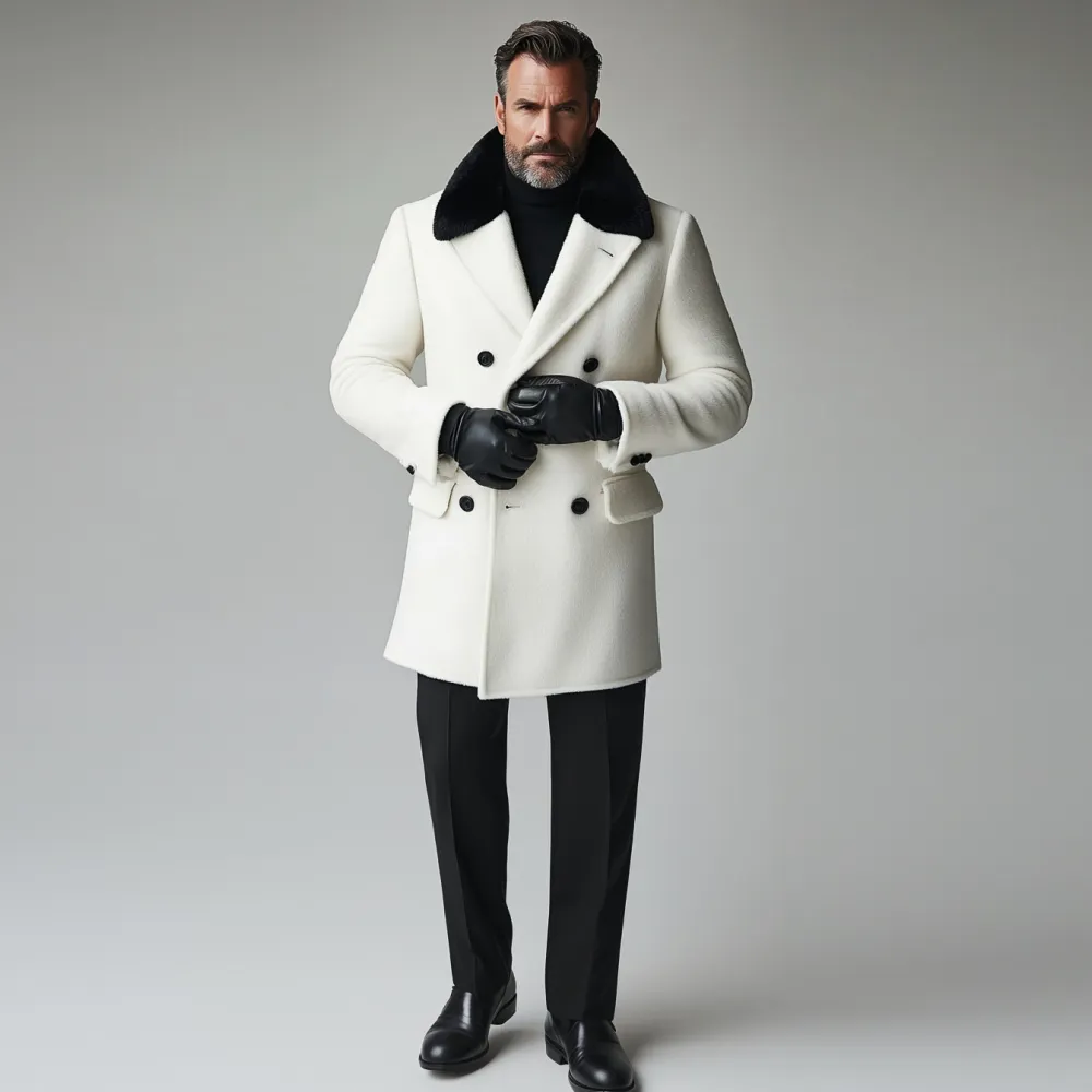 Men's Contrast Lapel Double Breasted Long Sleeve Short Plush Coat