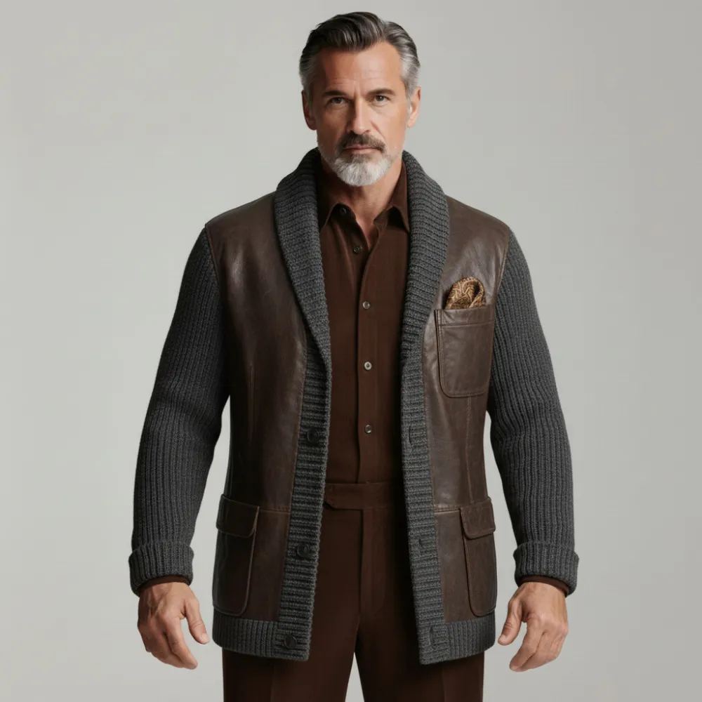 Men's Brown And Gray PU Patchwork Knit Shawl Lapel Single Breasted Pockets Long Sleeve Sweater Cardigan