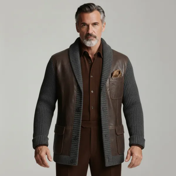 Men's Brown And Gray PU Patchwork Knit Shawl Lapel Single Breasted Pockets Long Sleeve Sweater Cardigan