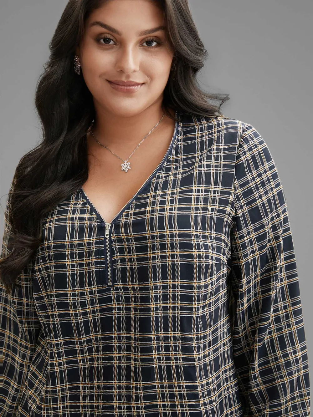 Plaid Zipper Front Lantern Sleeve Blouse