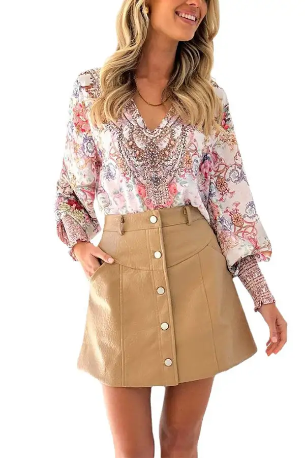 V-neck fashionable lantern sleeve casual shirt