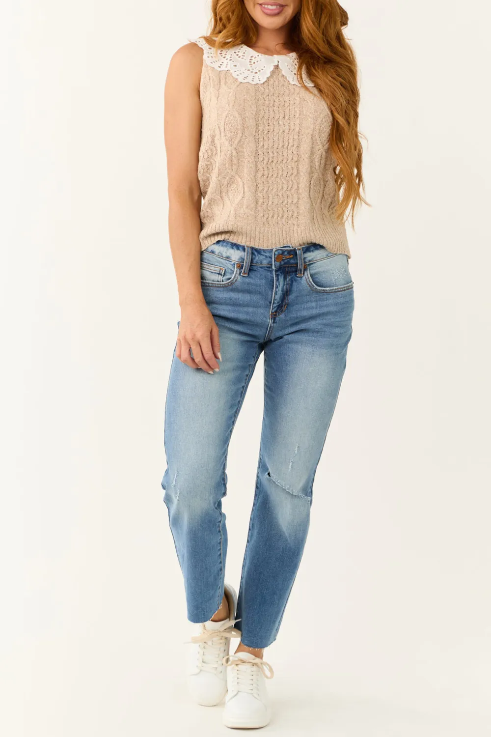 Nude Sleeveless Lace Trim Cable Knit Sweater