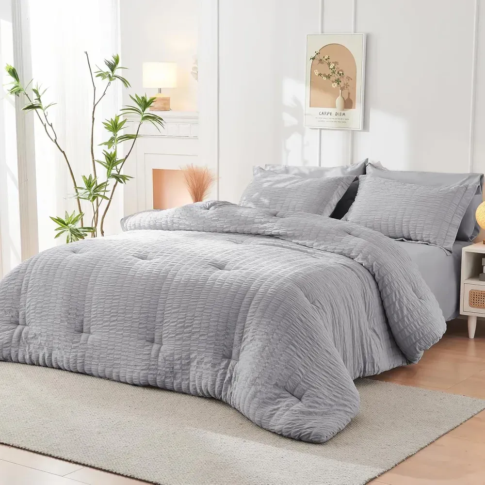 Queen Comforter Set Seersucker 7 Pieces, All Season Luxury Bed in a Bag for Bedroom, Bedding Set with Comforters, Sheets, Pillowcases & Shams, Dark Grey