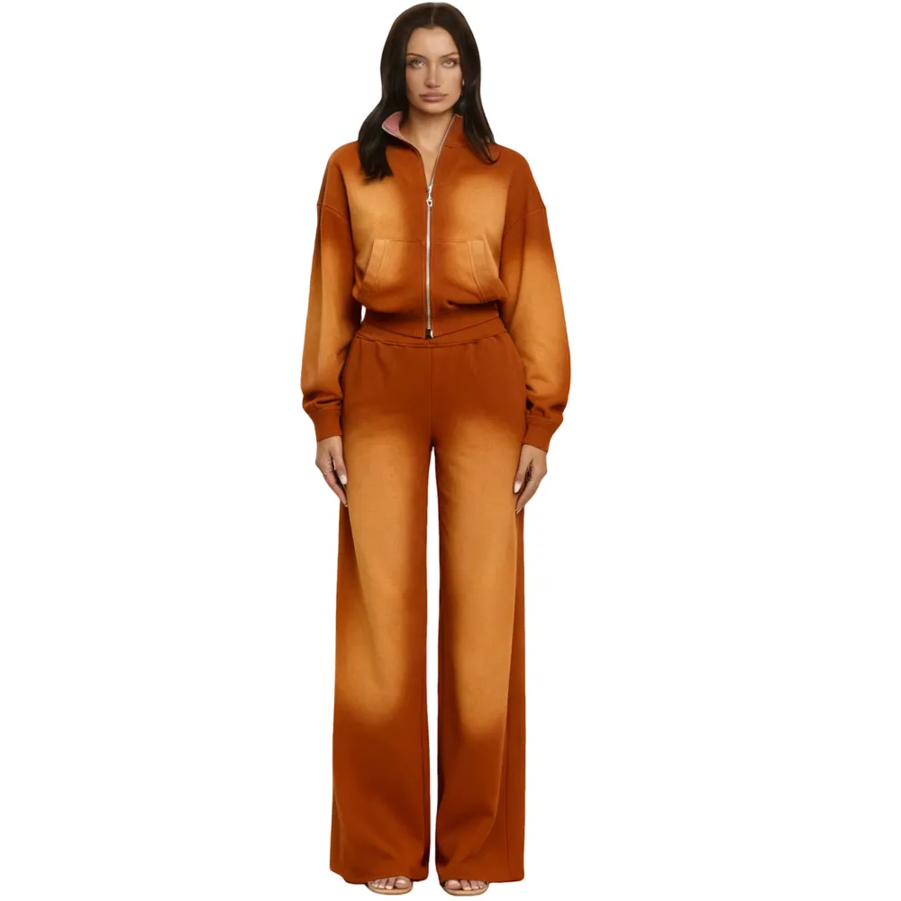 Ombre Zip - Up 2 Pieces Set Cropped -Sweatshirt & Wide - Leg Pants
