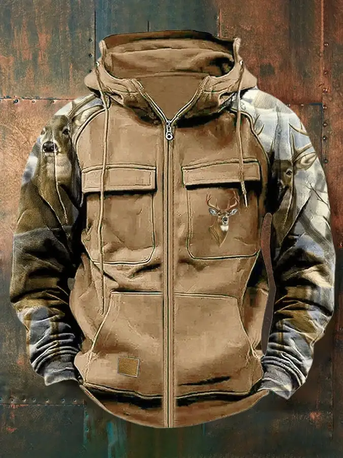 Men's Vintage Western Deer Print Multi-Pocket Jacket