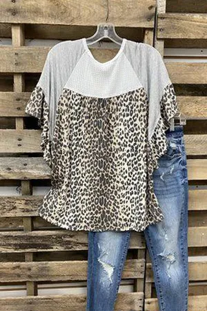Leopard Print V-Neck Ruffled T-Shirt