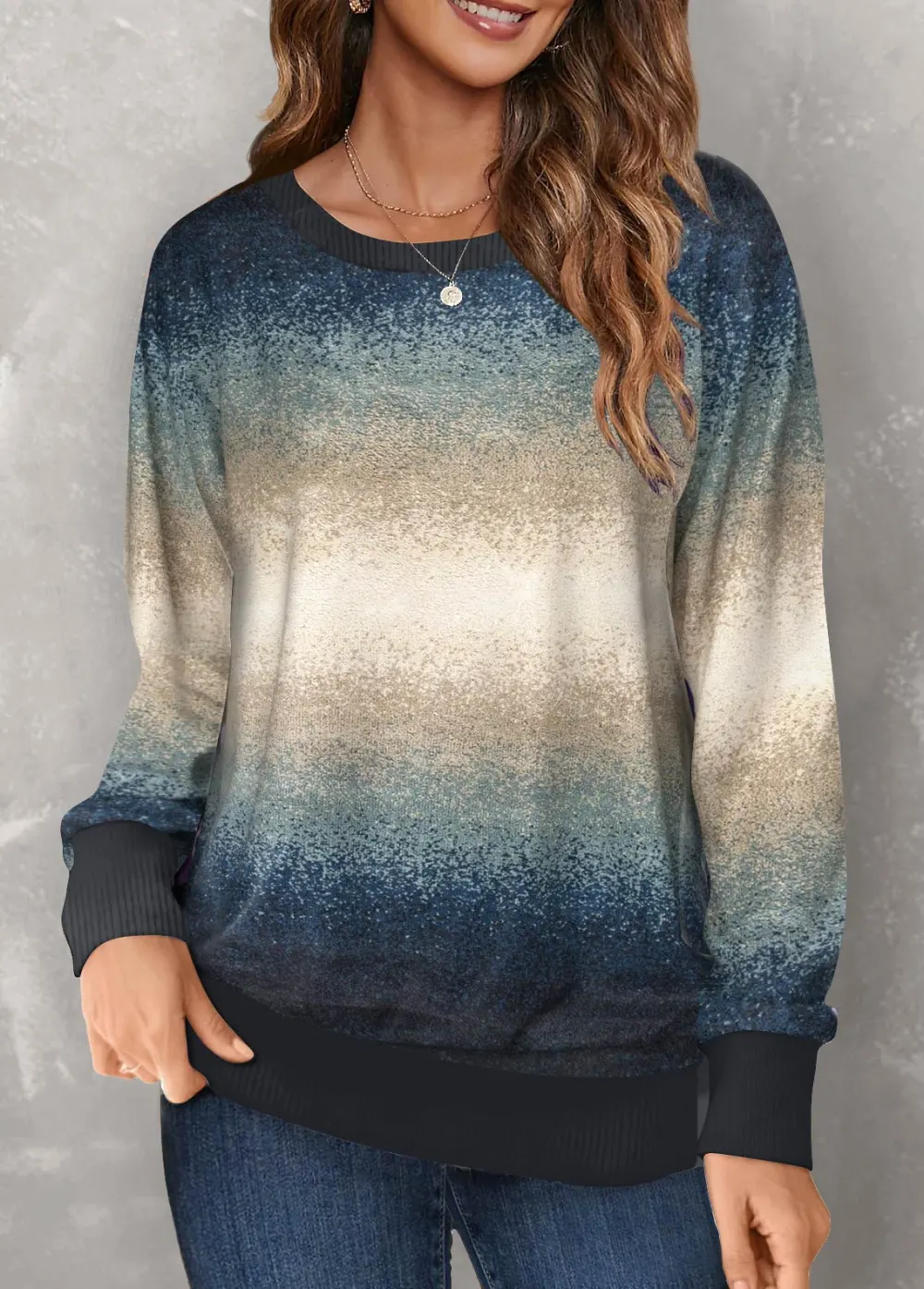 Multi Color Patchwork Ombre Long Sleeve Round Neck Sweatshirt