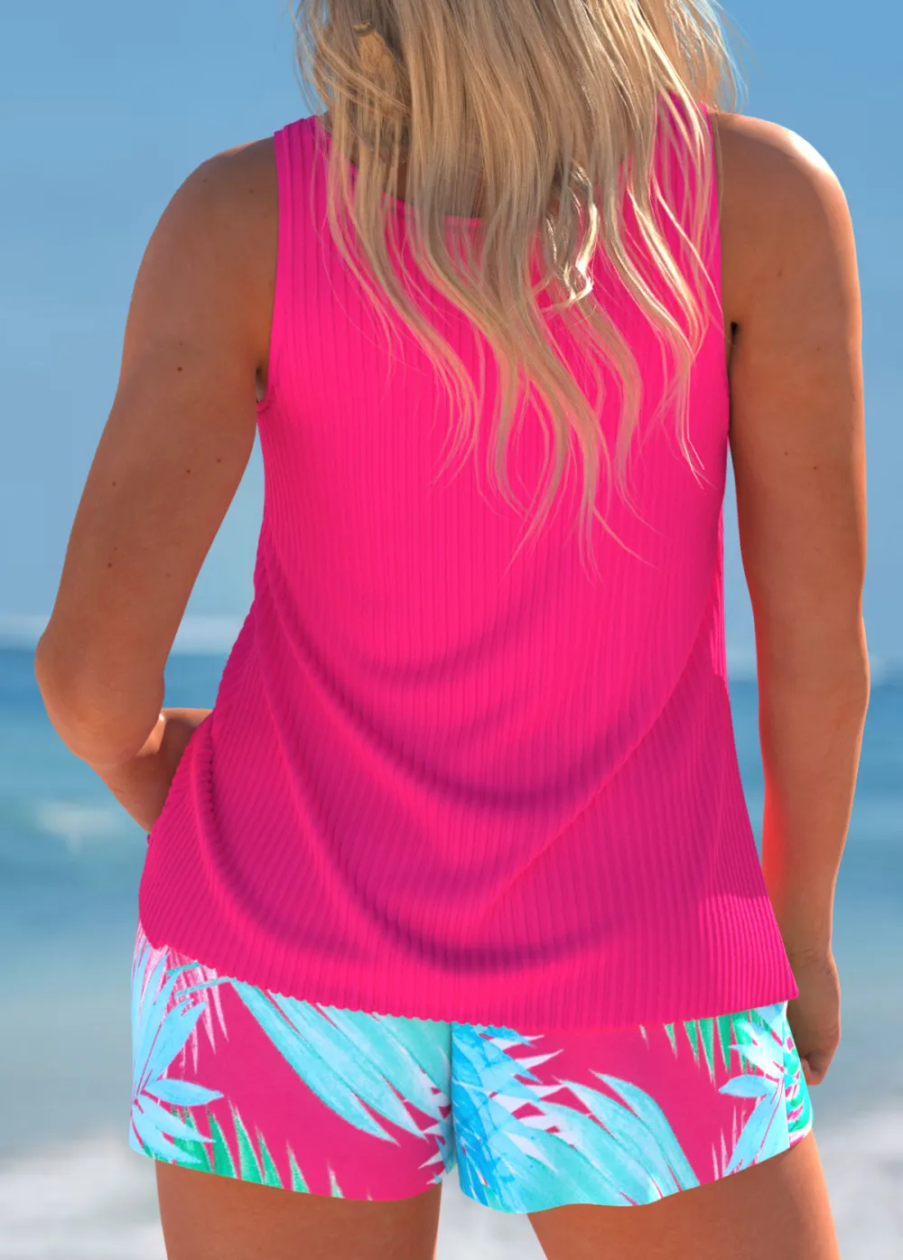 Cut Out Hot Pink Tropical Plants Print Tankini Set