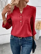 Women's Shirt Solid Color Stylish Casual Long Sleeve V Neck Regular Tops Daily Buttons Red Blue Gray Summer Spring Fall