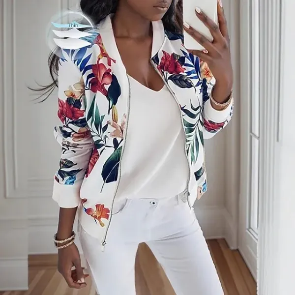 Women's Casual Jacket Comfortable Zipper Fashion Daily Modern Floral School Outdoor Vacation Home Regular Baseball Collar Regular Fit Long Sleeve Outerwear White Spring Fall