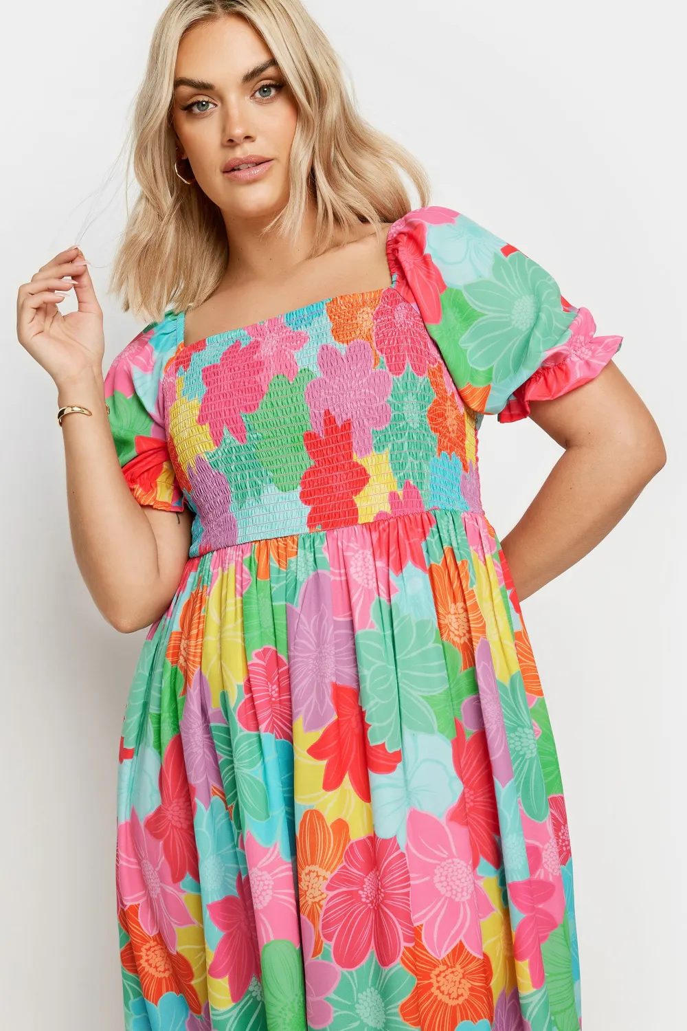 YOURS Curve Black Floral Print Shirred Midi Dress