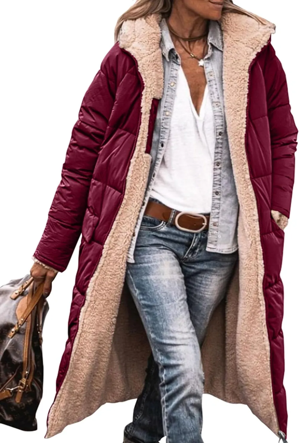 Women's Warm Winter Coats Reversible Sherpa Fleece Long Hooded Puffer Jackets Outerwear