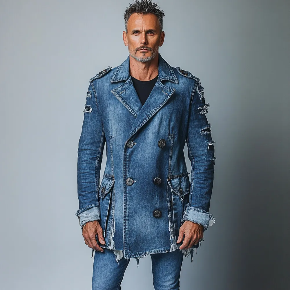 Men's Lapel Collar Double Breasted Ripped Mid-Length Denim Coat