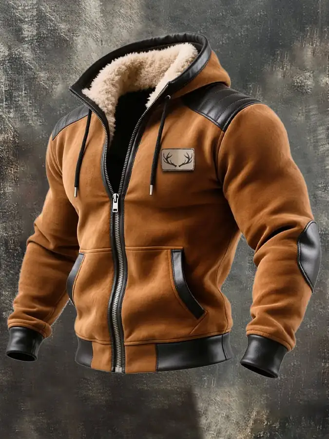Men's Vintage Suede and Leather Hooded Warm Jacket
