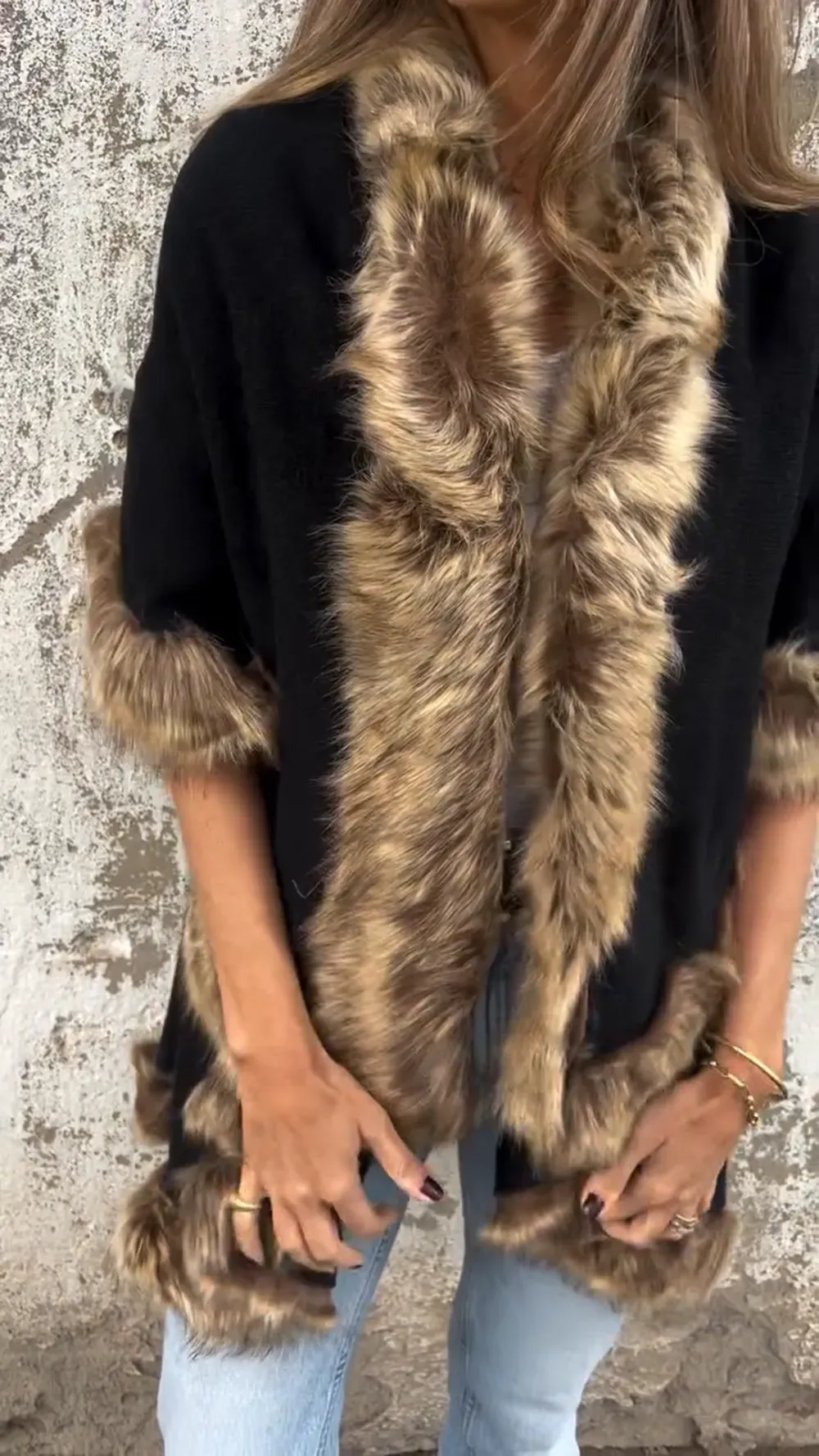 Golden Ember Faux Fur Trimmed Cape