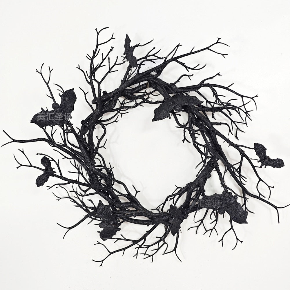 Halloween Wreath Bat Black Branch Wreaths With Red LED Light 45CM Wreaths For Doors Window Flower Garland Halloween Decoration