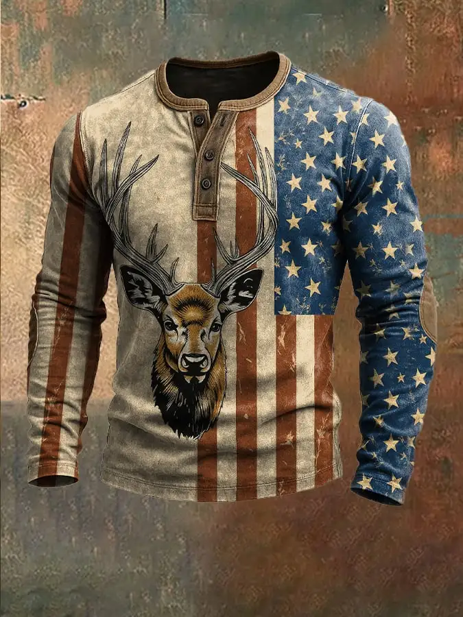 Men's Vintage Western Print Henley