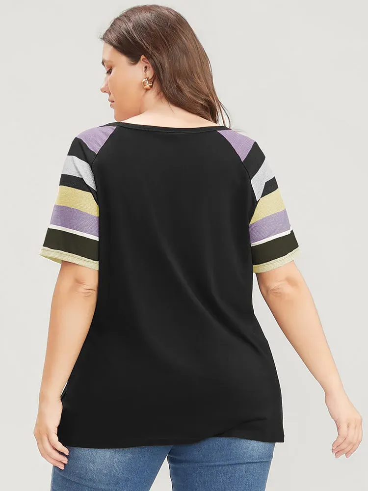 Striped Contrast Raglan Sleeve Round Neck T-shirt