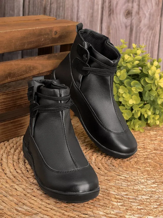 Vintage Women Casual Braided Strap Breathable Lether PU Flat Heel Classic Boots