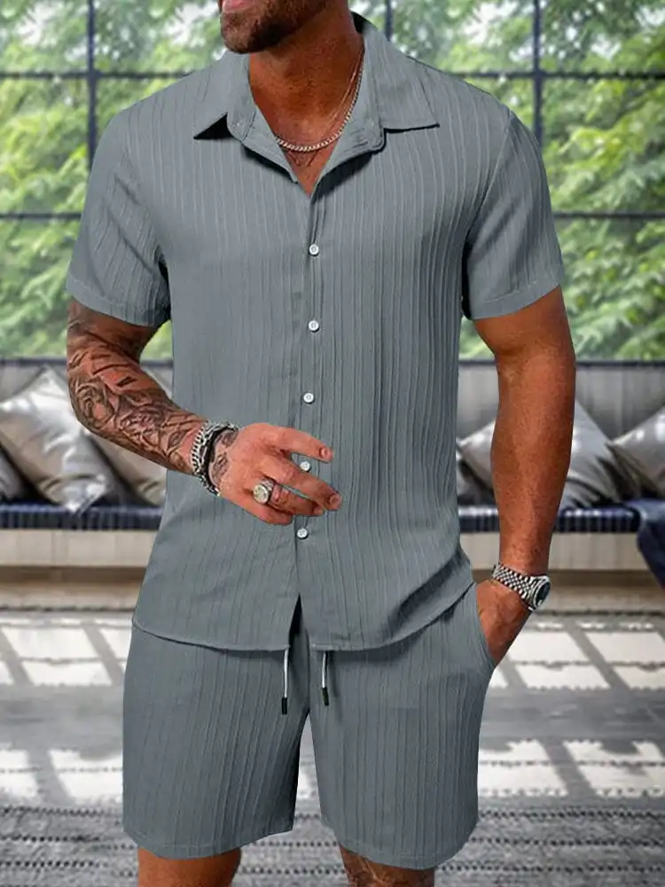 Comfortable and Breathable Leisure Textured Shirt Set