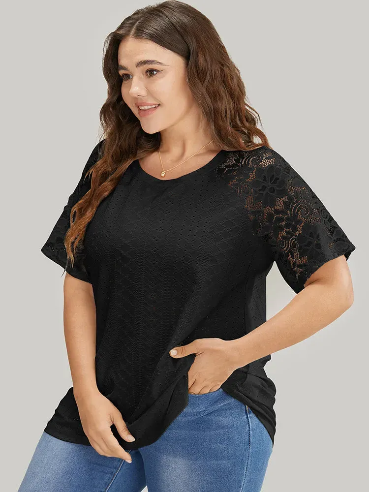 Solid Broderie Anglaise Lace Raglan Sleeve T-shirt