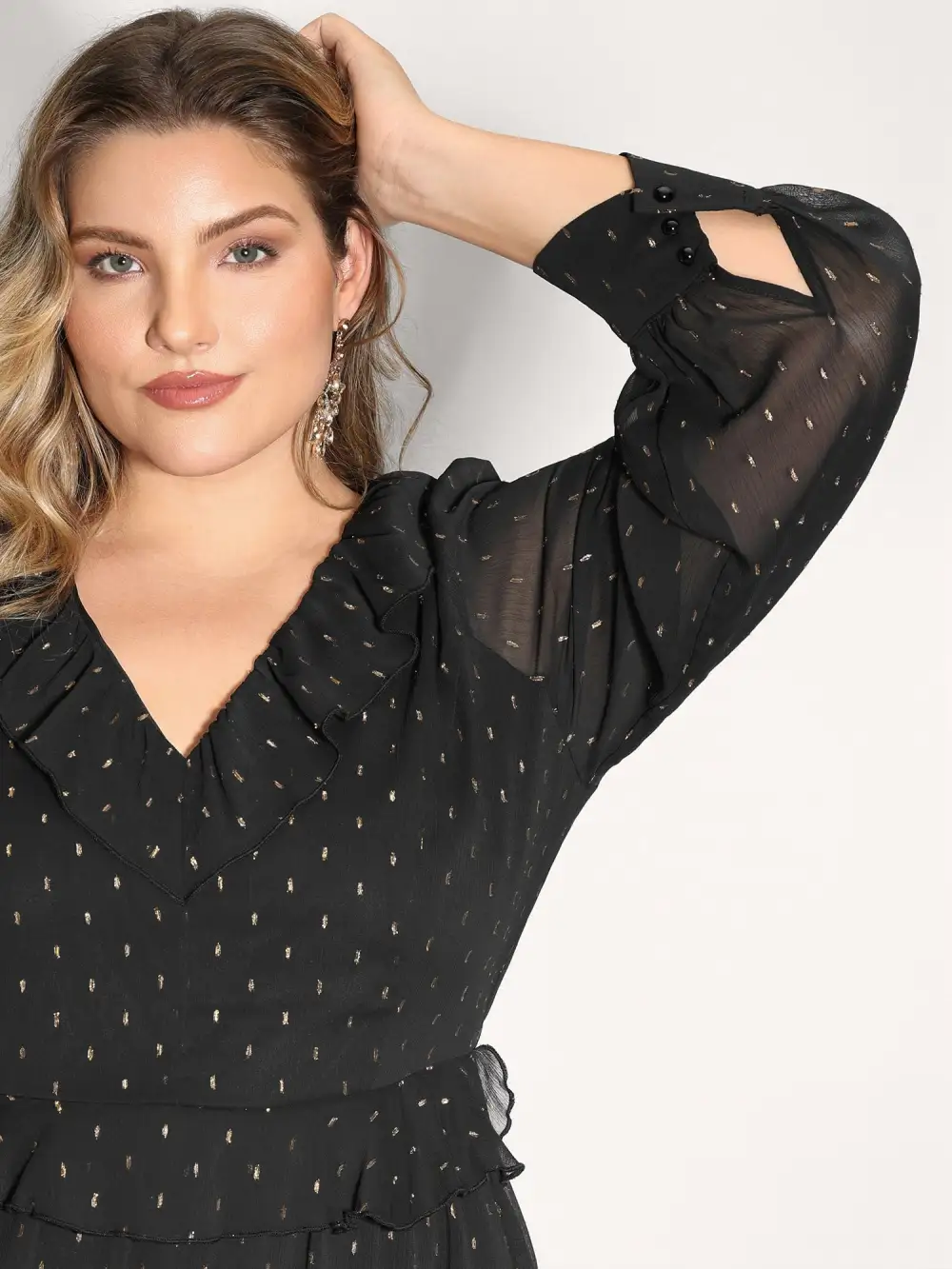 Gold Stamp Ruffled Neck Maxi Dress