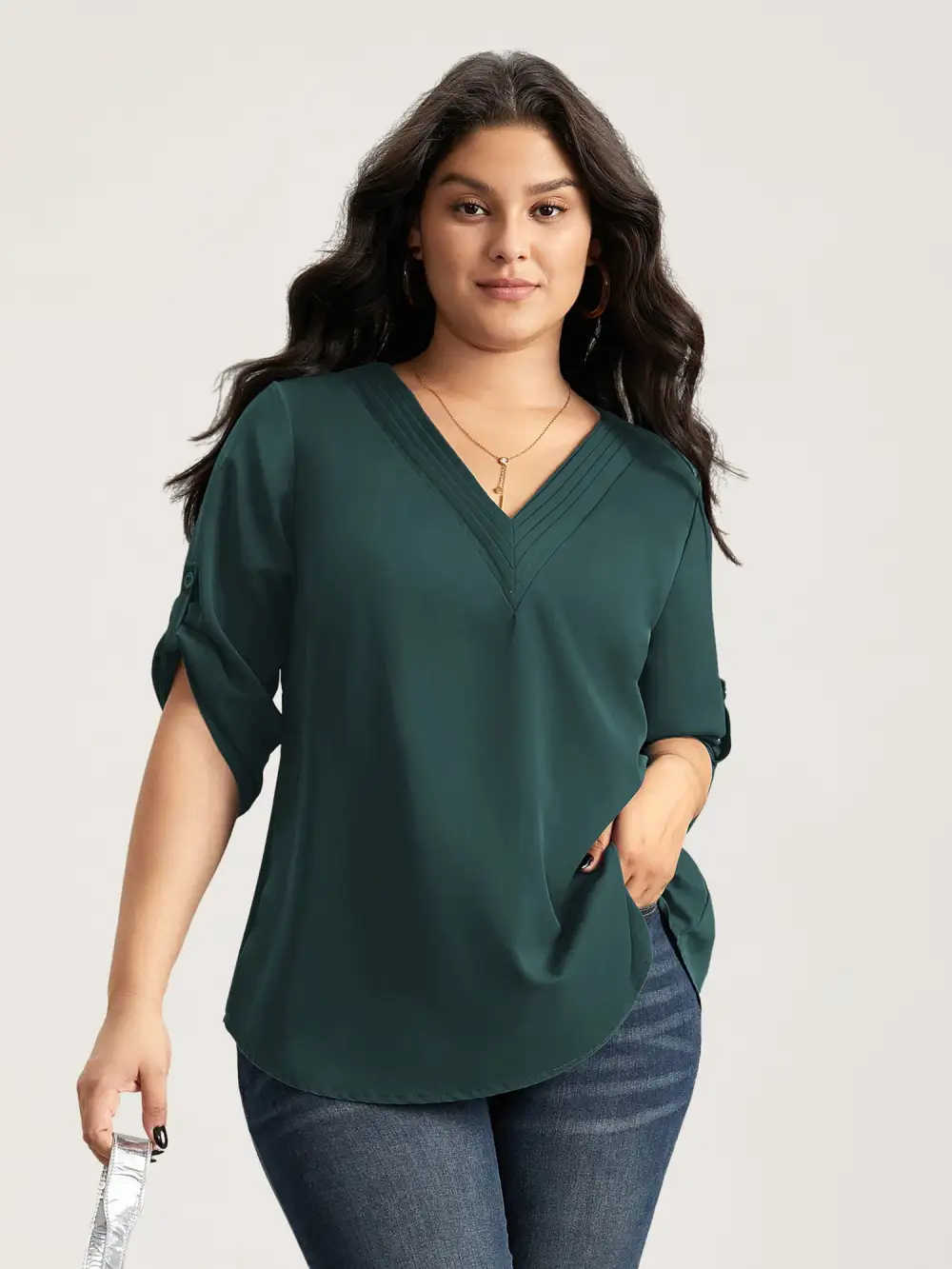 V Neck Plain Pleated Tab Sleeve Blouse
