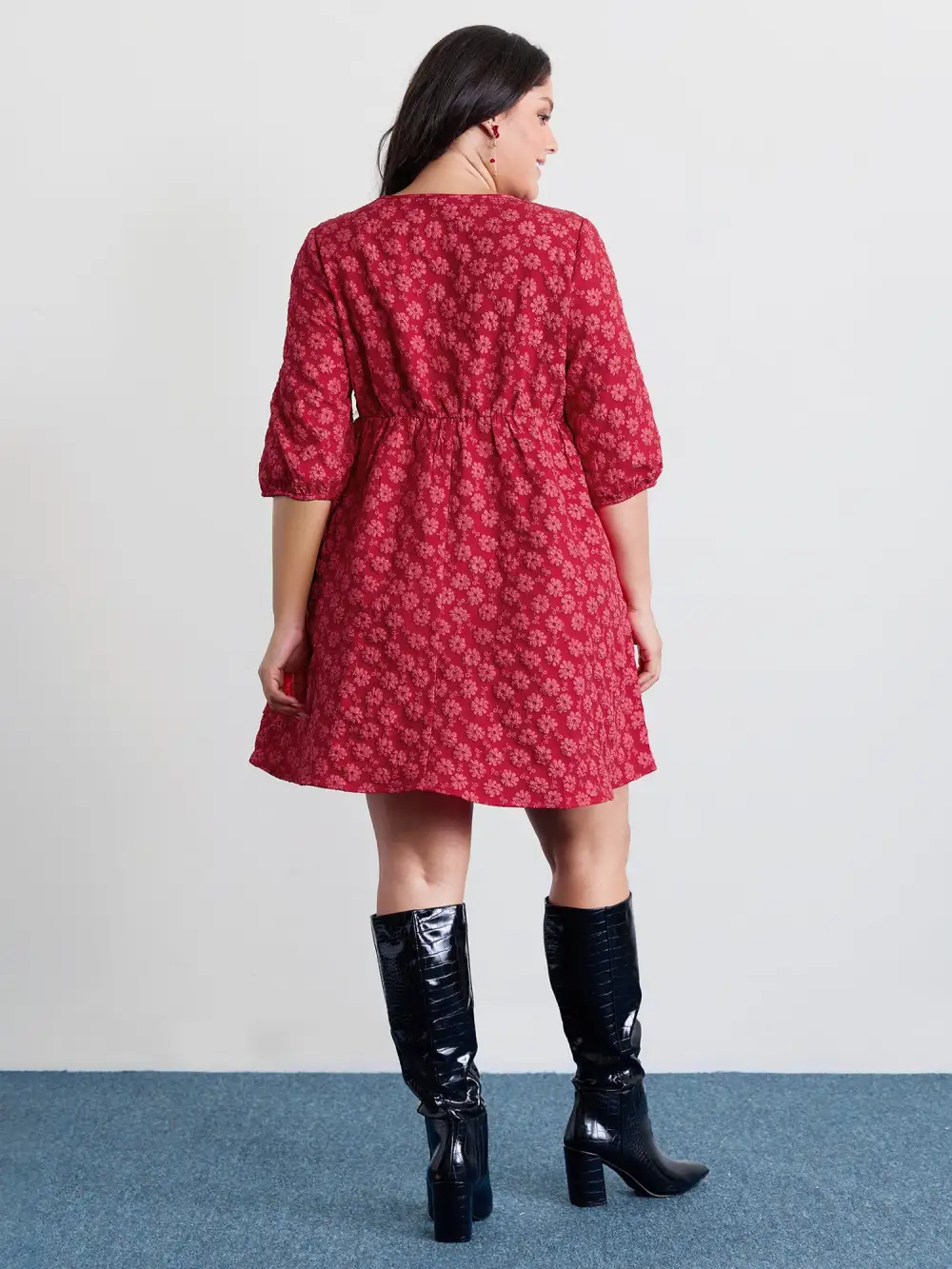 Bowknot Jacquard Stretchy Waist Knee-Length Dress