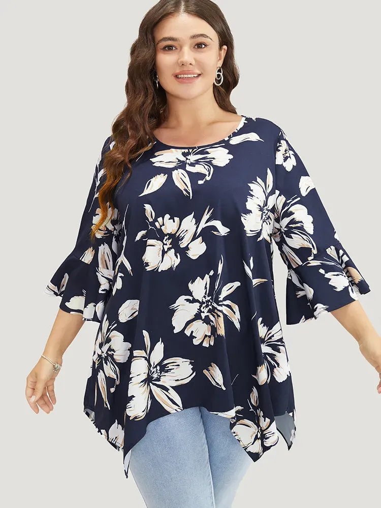 Floral Print Hanky Hem Bell Sleeve Blouse