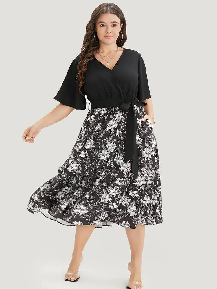 Floral Patchwork Pocket Belt Surplice Neck Ruffle Hem Dress