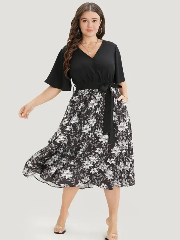 Floral Patchwork Pocket Belt Surplice Neck Ruffle Hem Dress