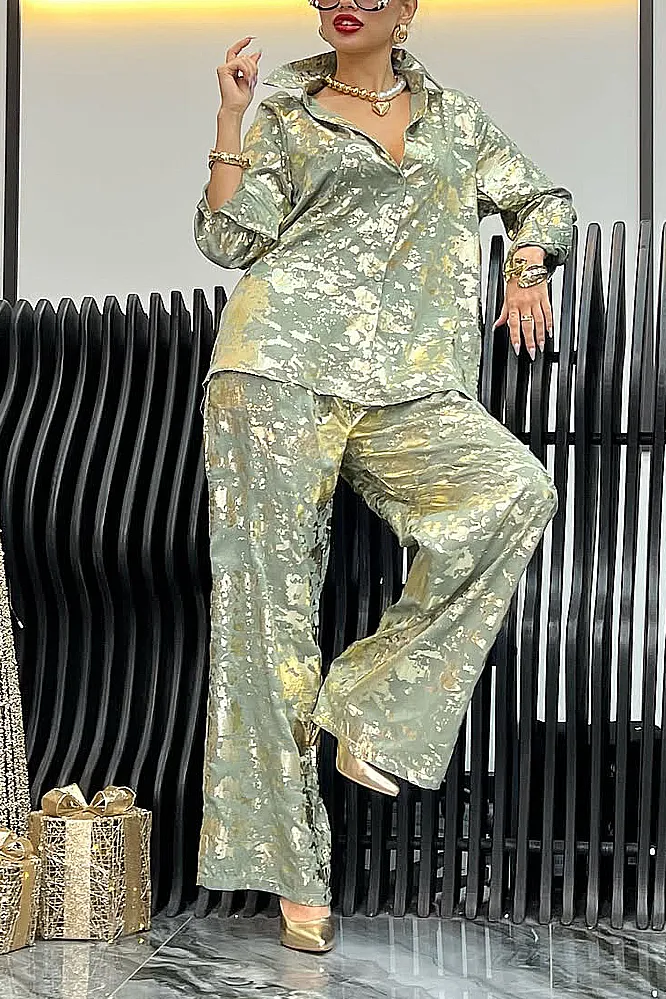 Women's fashion hot stamping casual top and pants two-piece set