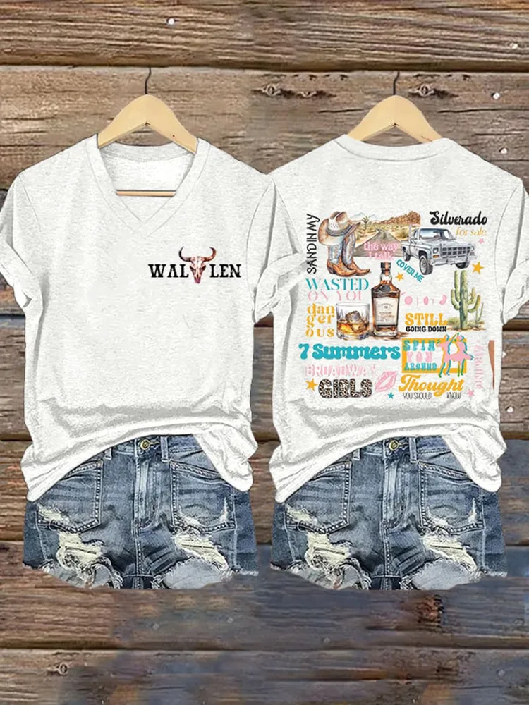 Wallen Double-Sided Printed V-Neck Short-Sleeved T-Shirt