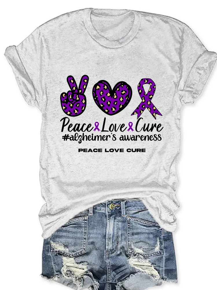 Women'S Peace Love Cure Alzheimer'S Awareness Round-Neck T-Shirt