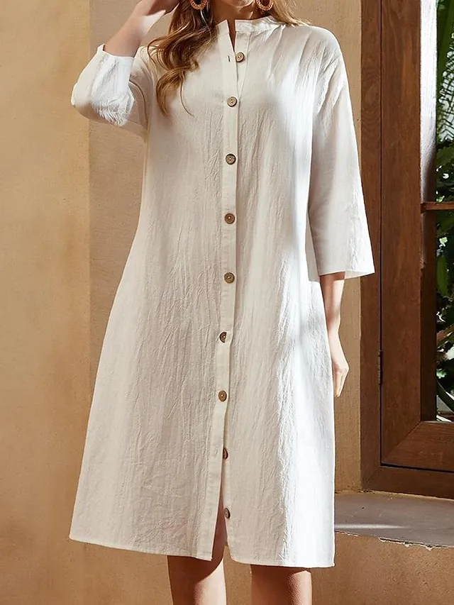 Women's Cotton Linen button down Sundress Midi Dress 3/4 Sleeve Casual Loose Fit Summer Beach Black White Green