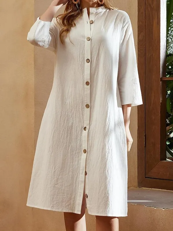 Women's Cotton Linen button down Sundress Midi Dress 3/4 Sleeve Casual Loose Fit Summer Beach Black White Green