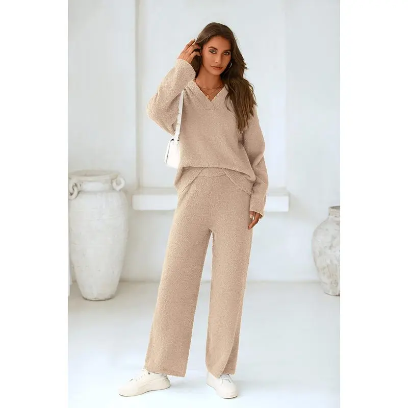 Women's 2-Piece Lounge Set – V Neck Top & Wide Leg Pants