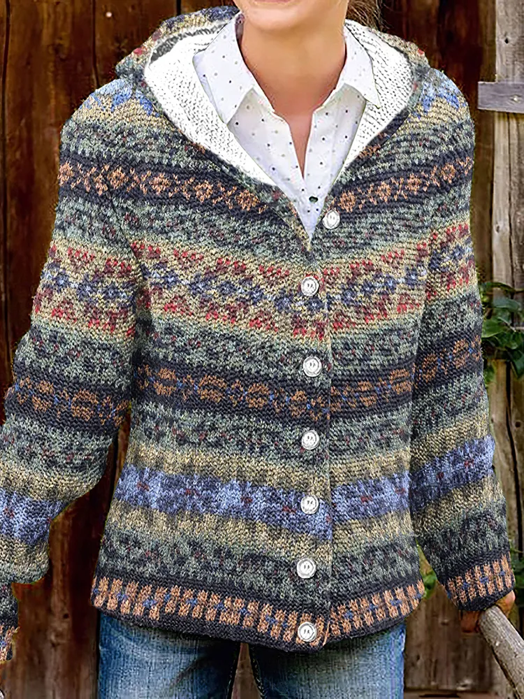 Vintage Ethnic Print Hooded Button Knit Cardigan