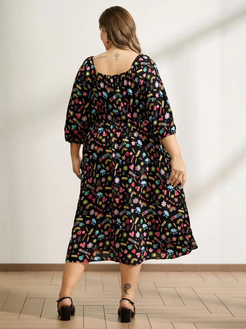 Playful School Print Rayon Deep Neck Midi Dress