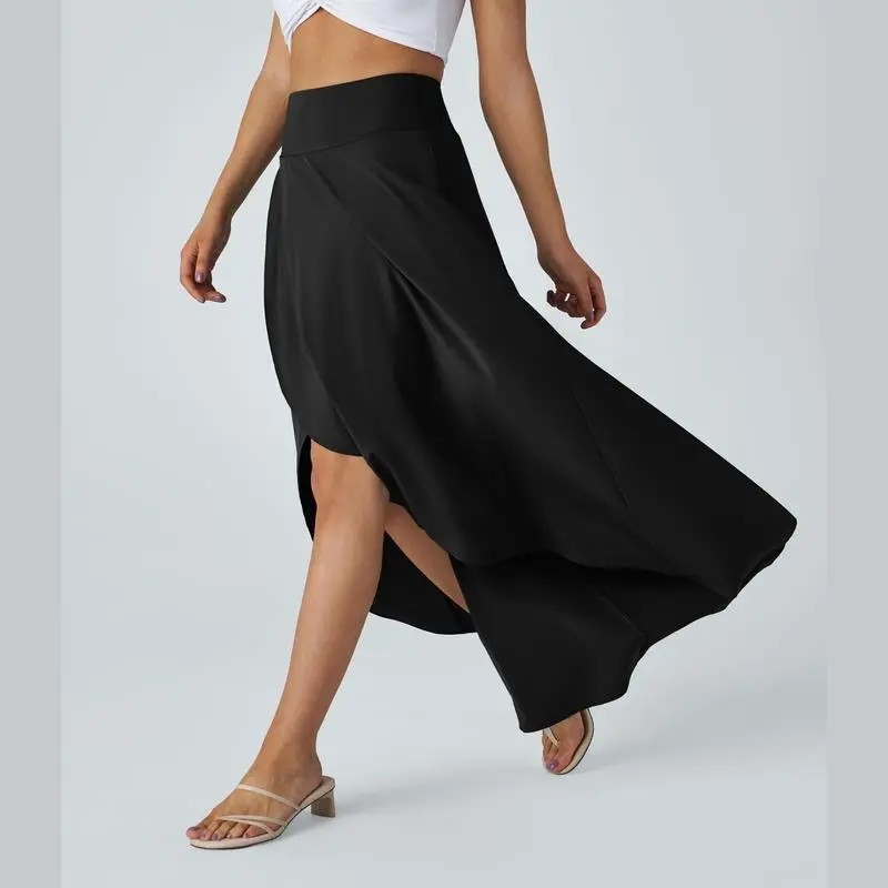 High Waisted 2-in-1 Maxi Skirt – Flowy, Quick-Dry, High-Low Hem with Ruffle Detail