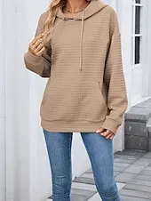 Women's Texture Blouse Pullover Hoodie Sweatshirt Plain Streetwear Casual Long Sleeve Hooded Regular Tops Street Holiday Going out Pocket Black Pink Brown Khaki Gray Fall