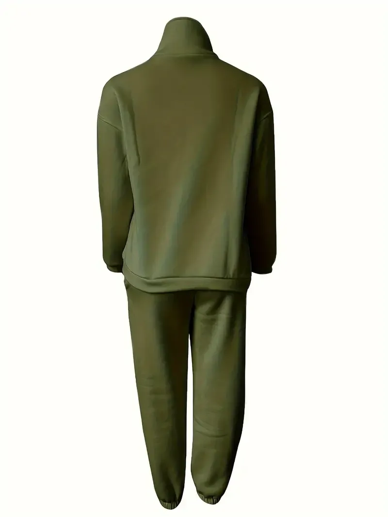 Two-Piece Solid Color Casual Outfit - High Neck Zip Front Long Sleeve Sweatshirt & Elastic Waist Pants
