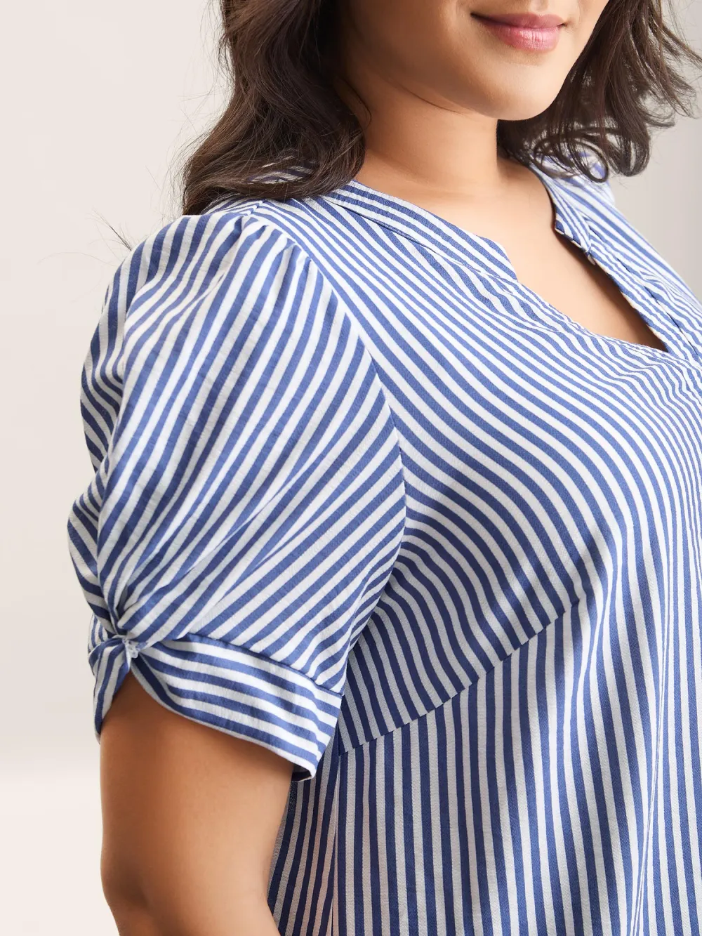 Stripes Knotted Sleeve Notched Collar Blouse